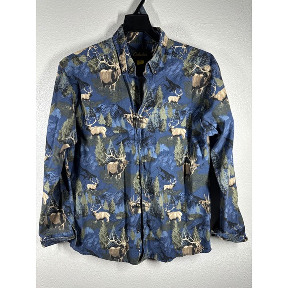 Cabelas Mens Elk Forest Landscape Button Up Shirt L G - Picture 2 of 6